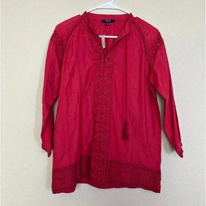 Madewell Women's Top Size XXS Red Embroidered 3/4 Sleeve Tassel Holiday
